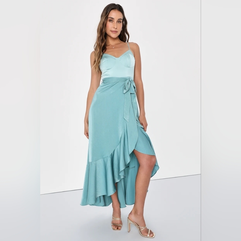 Lulus Double Darling Sage Green Color Block Satin… - image 2